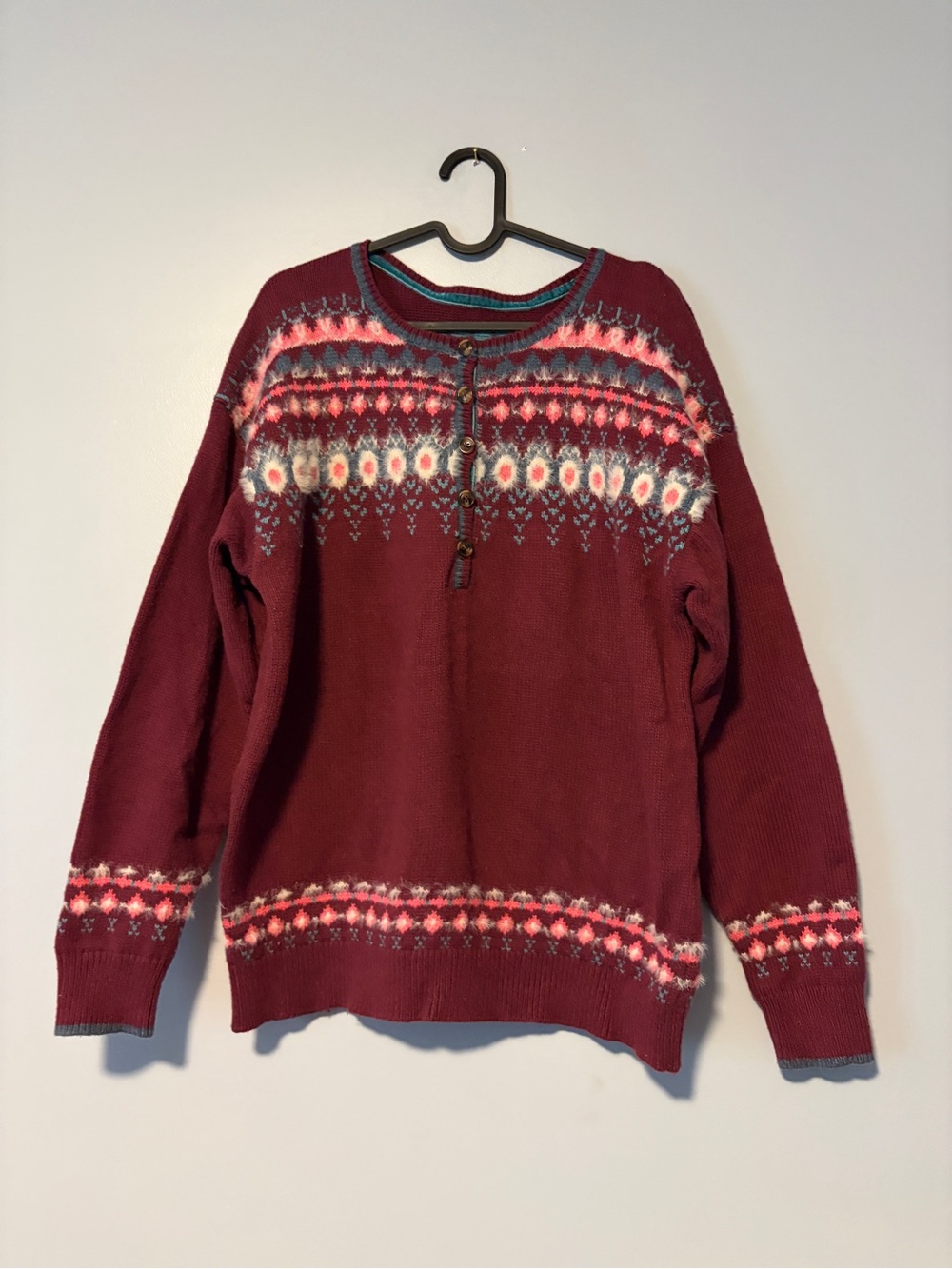 Sundance Maroon Fair Isle Crewneck Sweater with Button Placket